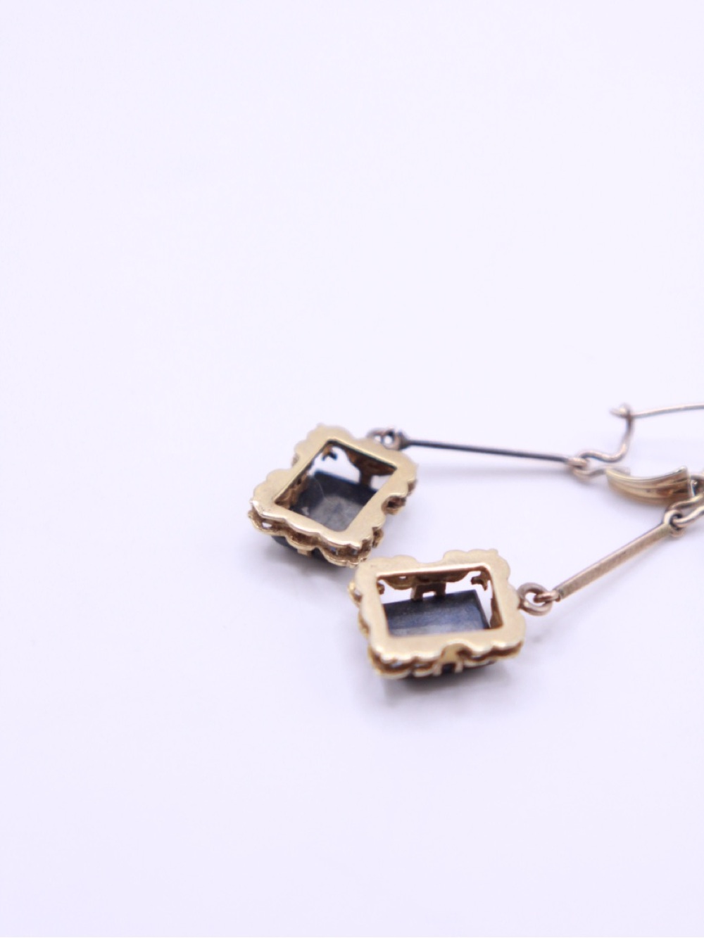 Art Deco 10K Gold Hematite Statement Dangle Drop Earrings - Picture 4 of 4